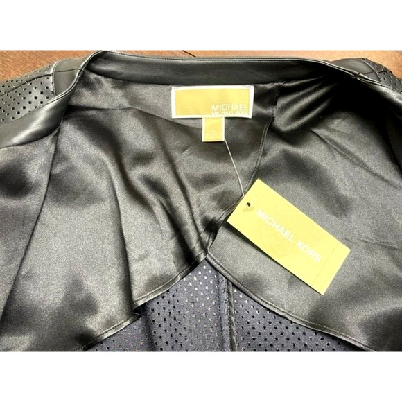Michael Kors Women Black Faux Leather Bomber Perforated Jacket Sz Large NWT $195 - Picture 3 of 13